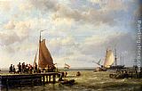 Hermanus Koekkoek Snr Provisioning a Tall Ship at Anchor painting